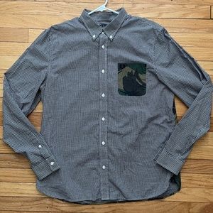 Fred Perry Gingham + Camo Pocket Back Print Long Sleeve Button Down Shirt XL